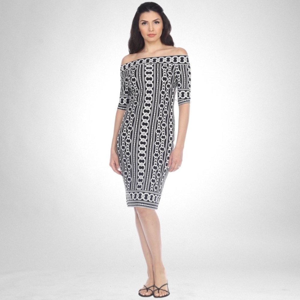 NWT Size 10 Joseph Ribkoff Black/Vanilla Chain Print Off-Shoulder Dress 203637